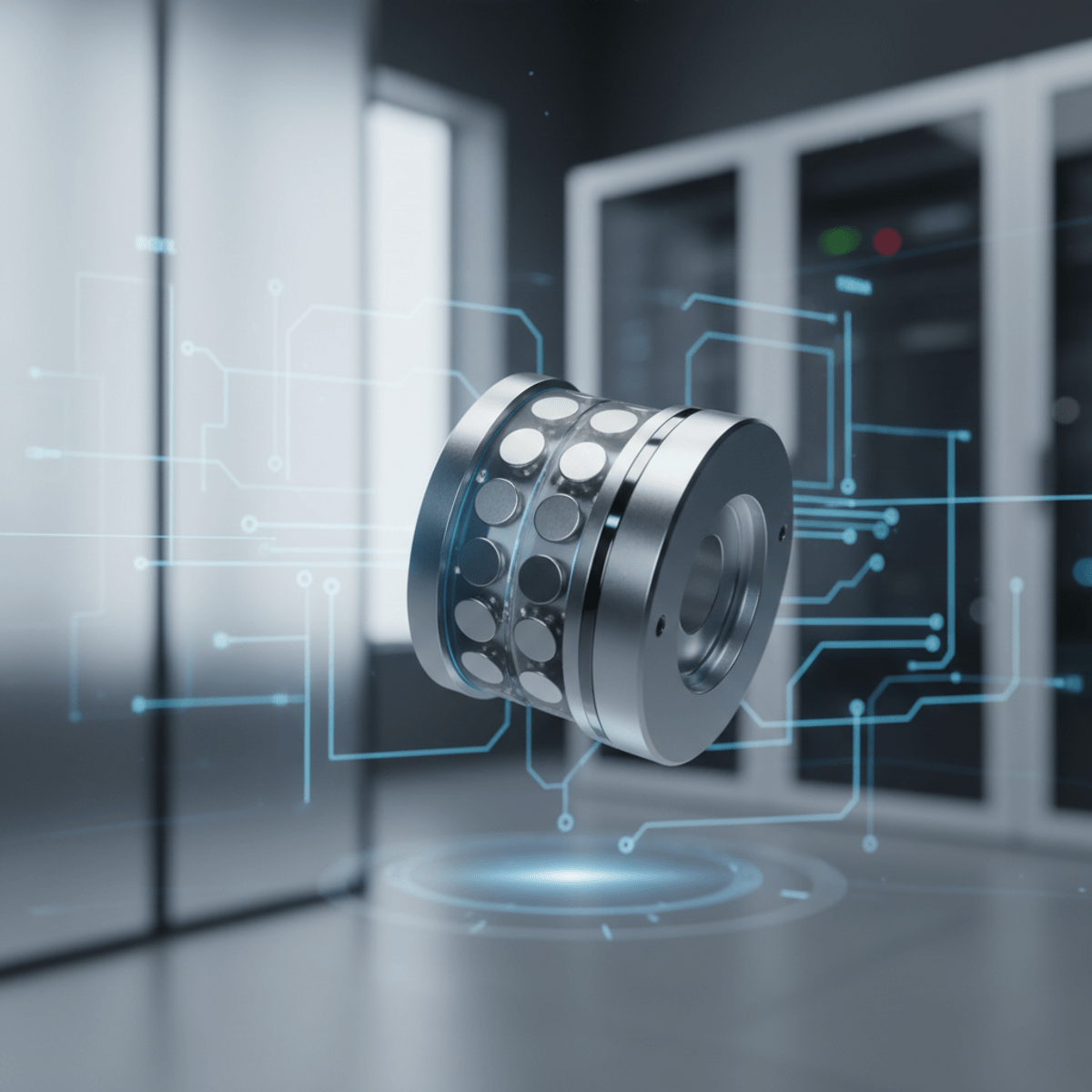 Sleek Hall effect sensor module with cylindrical metal housing and embedded magnets, showcasing contactless design.