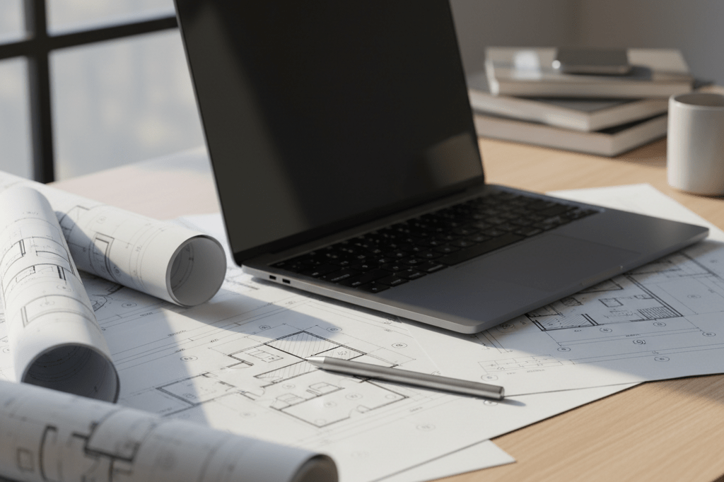 Sunlit professional desk with laptop and blueprints suggesting high-speed creative workflow