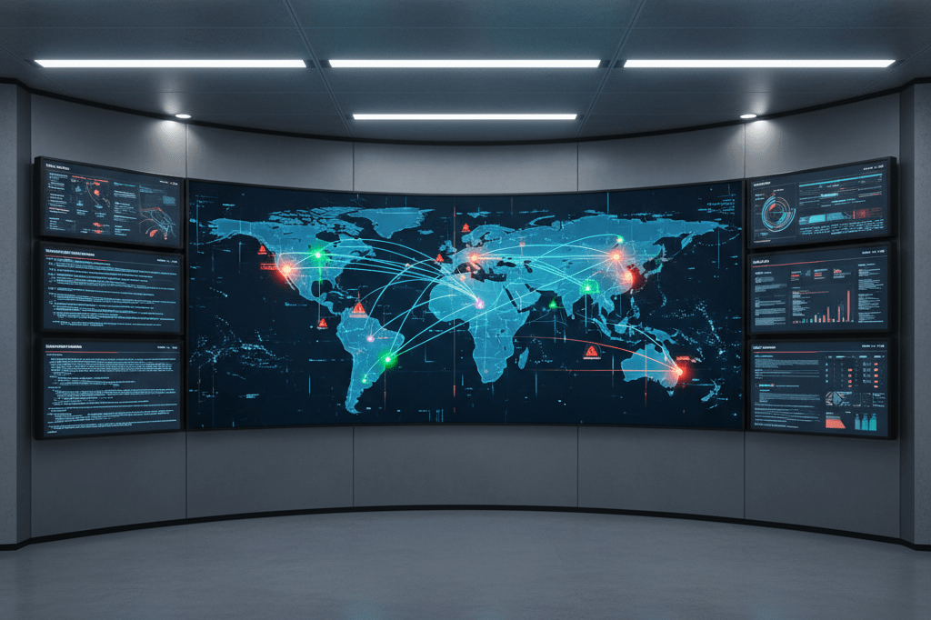 Command center screen showing abstract supply chain data under cool ambient light, symbolizing advanced monitoring
