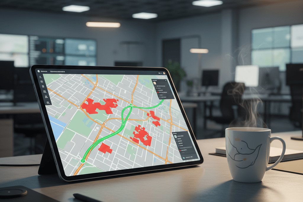 Logistics command center tablet showing emergency route adjustments Command center desk with tablet map showing traffic reroutes under office light