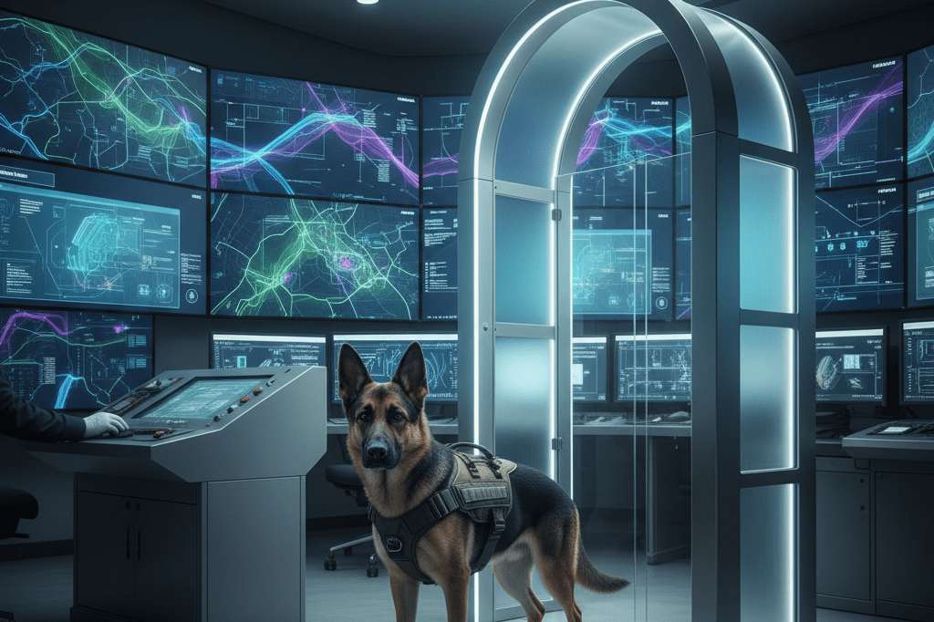 Security command center with monitors and alert K-9 unit under cool ambient light, representing crisis readiness