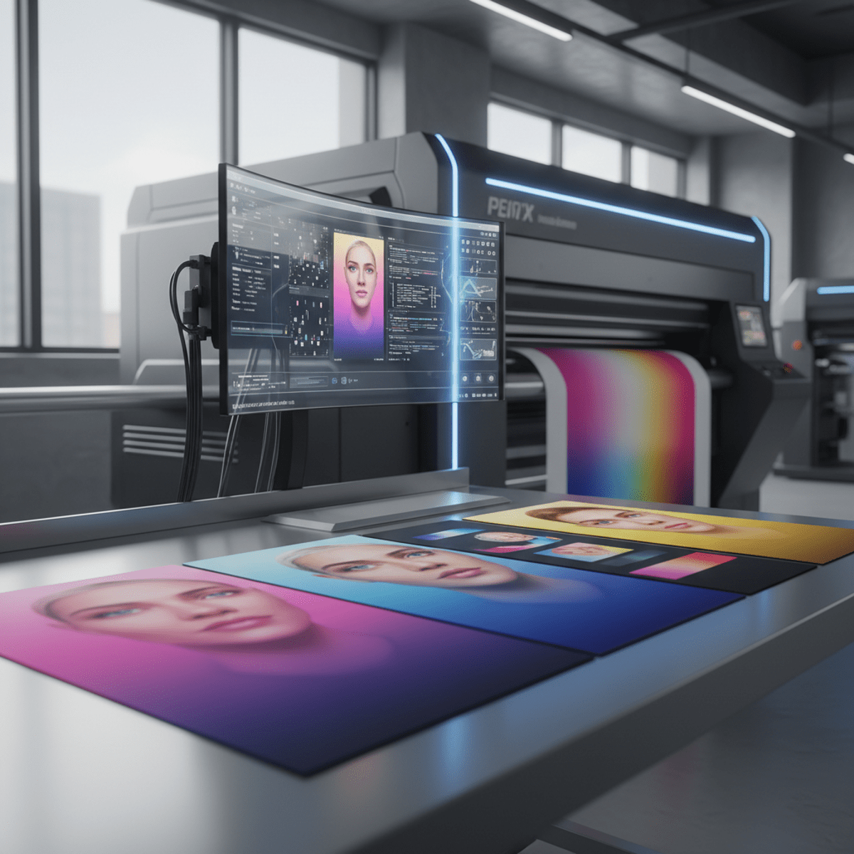 Sleek industrial facility with advanced sublimation printer and AI software.