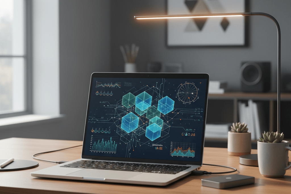 Laptop displaying 3D models and data under natural light, representing enhanced business efficiency