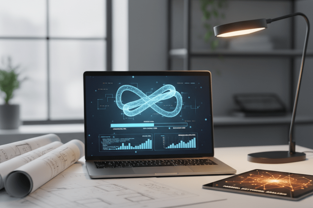 Blurred laptop screens showing 3D rendering and code metrics on a desk under natural light
