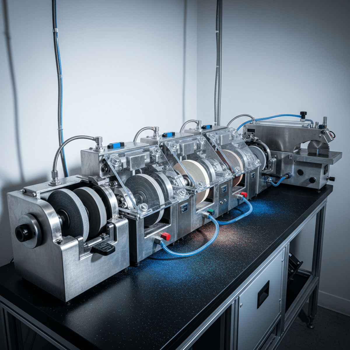 Expansive modular cabbing machine arrangement with grinding and polishing stations in a clean workshop.