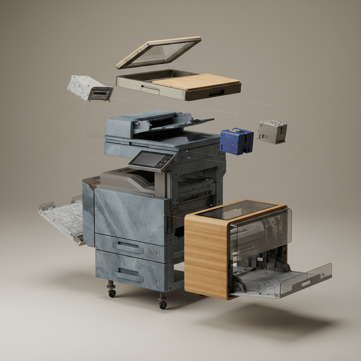 Exploded view of a futuristic modular copier with recycled materials.