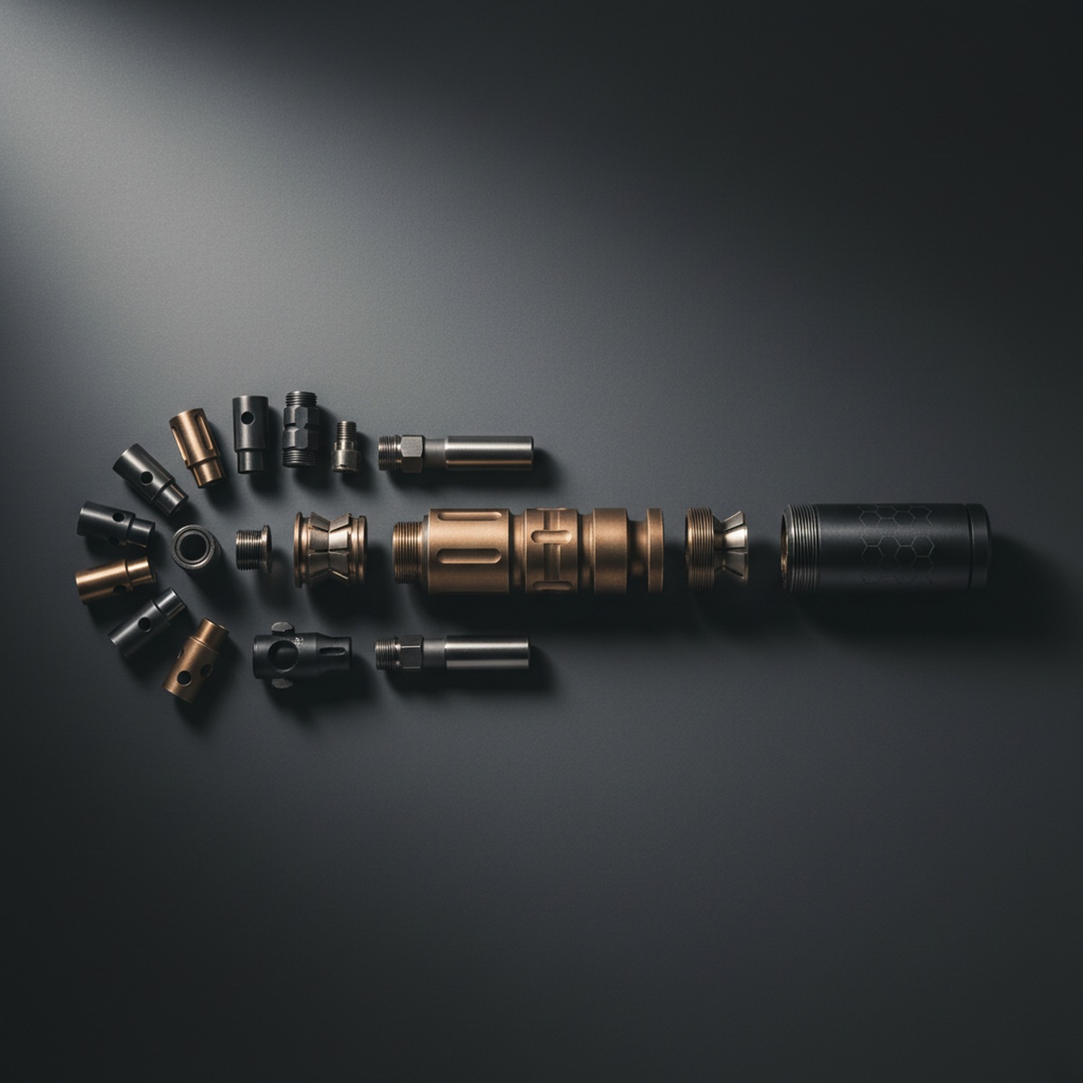 Exploded view of a modular suppressor showcasing its adaptable components and metallic finish.