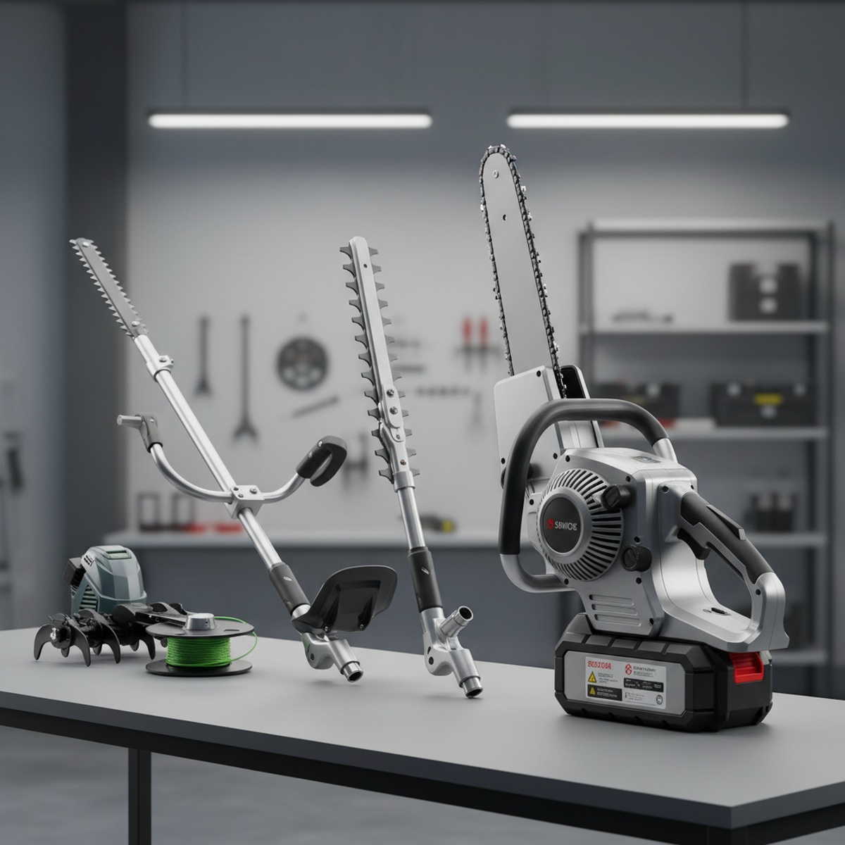Modern workshop displaying a versatile chainsaw multi-tool system with attachments and battery.