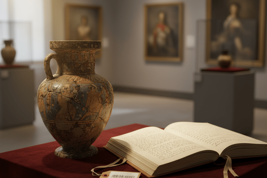 Museum artifact with provenance logs on display pedestal Ancient vase on velvet stand next to open logbook showing detailed provenance records under warm gallery lighting