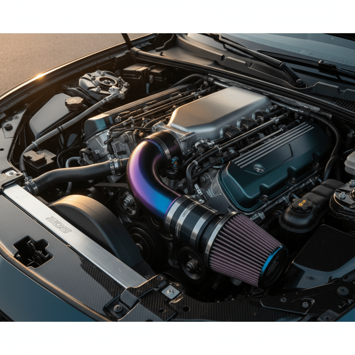 Color-shifting air intake in a clean, high-performance engine bay. High-performance engine bay with color-shifting air intake and polished components.