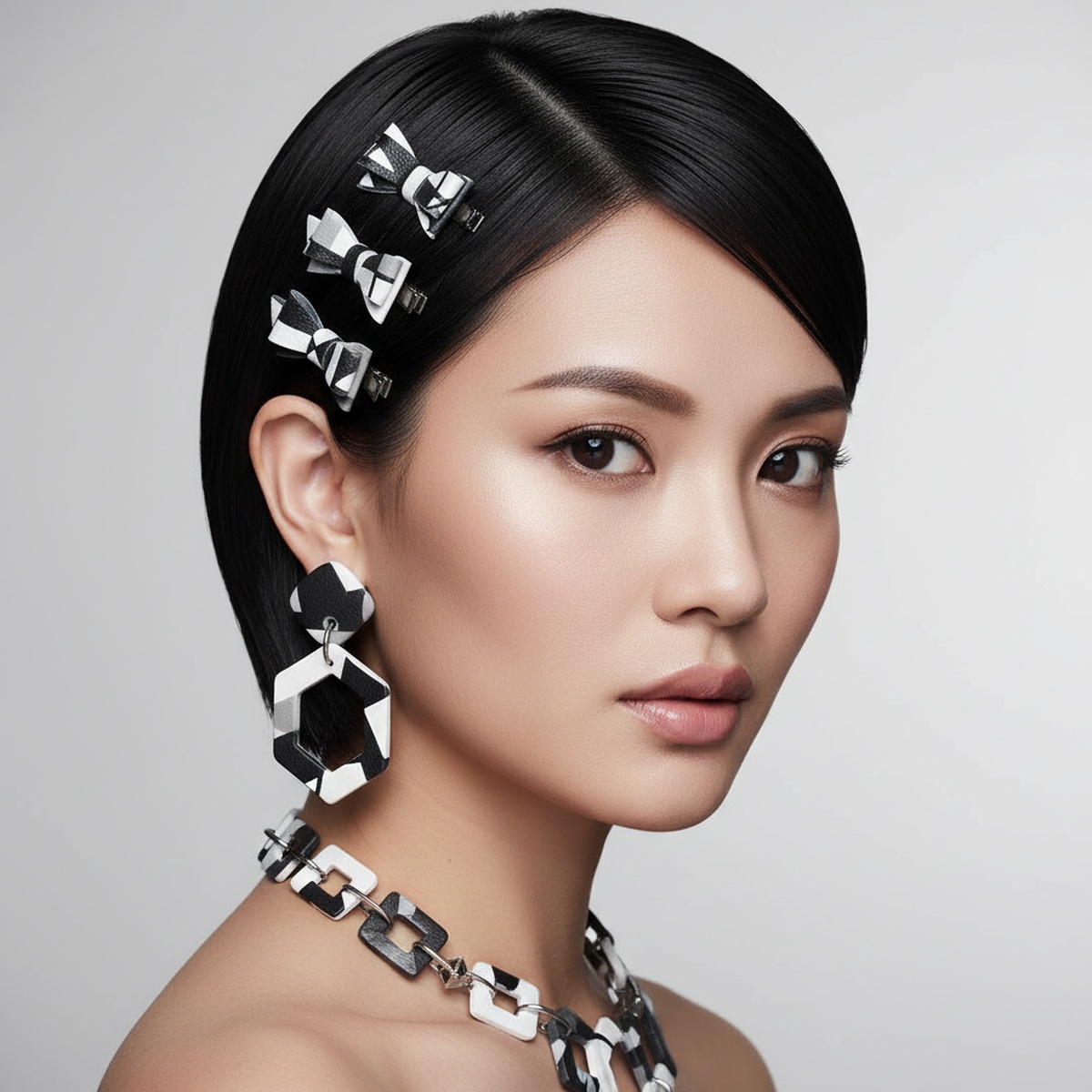 Woman with pixie cut and matte vegan leatherette geometric bow clips.