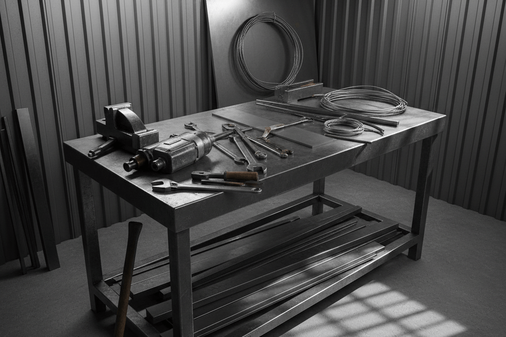 Empty prison workshop bench with metal tools and materials under bright lights, highlighting security risks