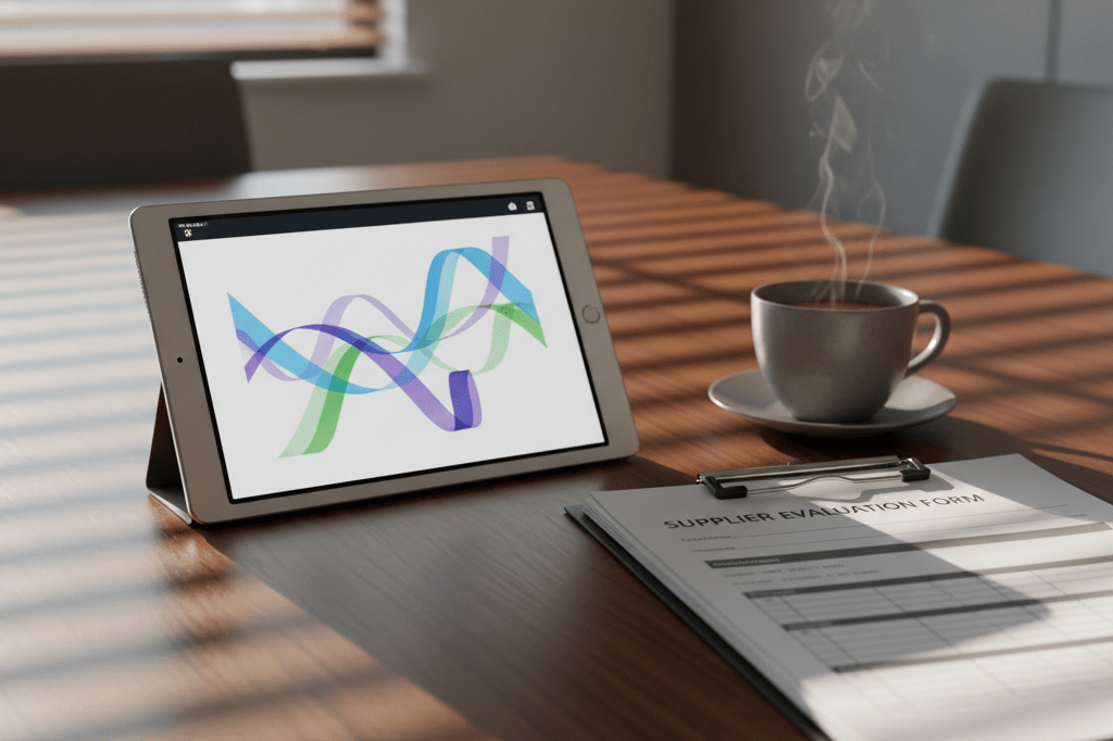 Conference table with evaluation forms and tablet under natural light, symbolizing strategic business procurement