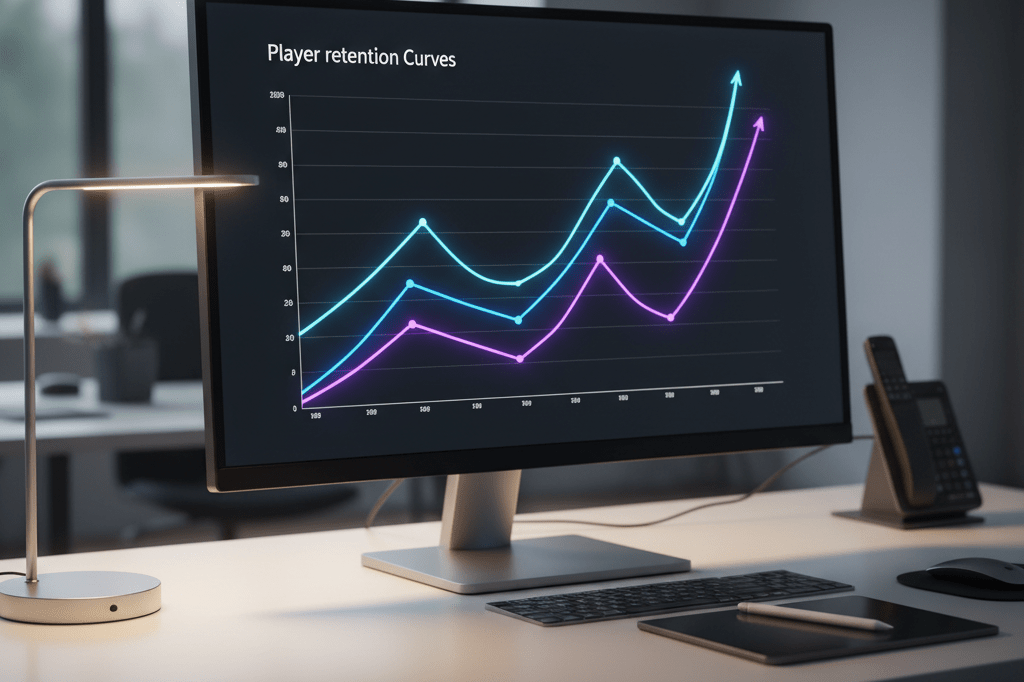 Retail analytics desk showing beta test market demand patterns Modern desk with monitor displaying abstract data graphs illustrating consumer engagement and market demand trends