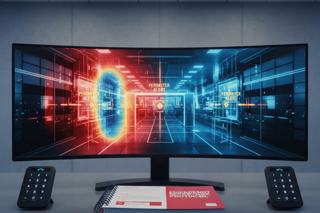 Modern retail security desk with monitors and response plans under cool ambient light