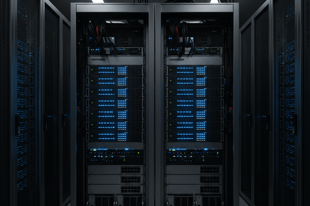 Generic server rack with blinking blue lights in a dark data center representing stable cloud infrastructure