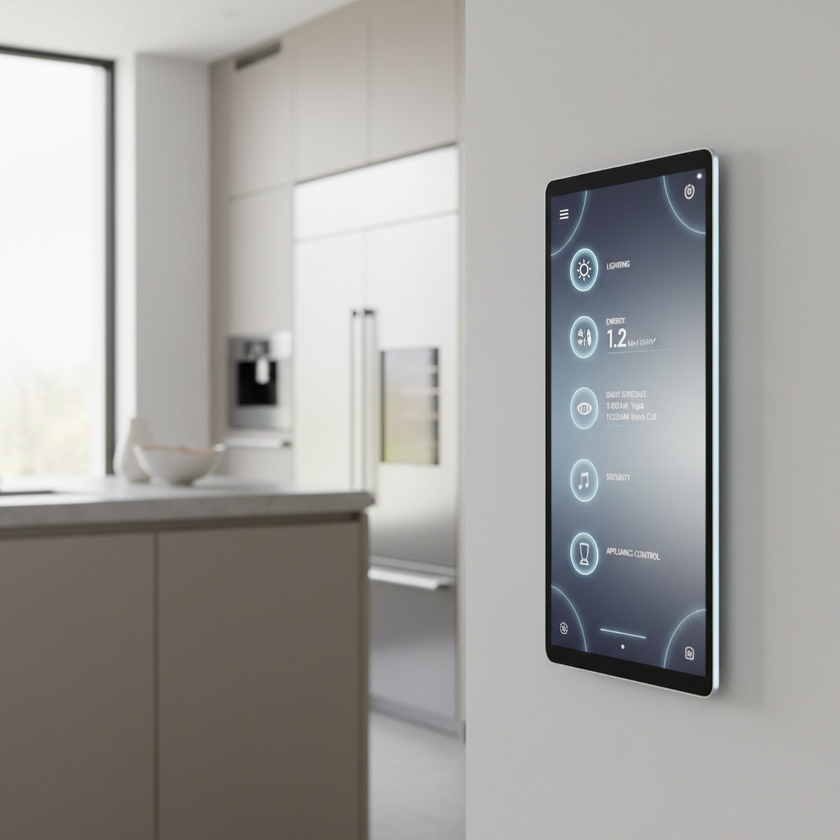 Modern kitchen tablet interface displays smart home controls and digital readouts.