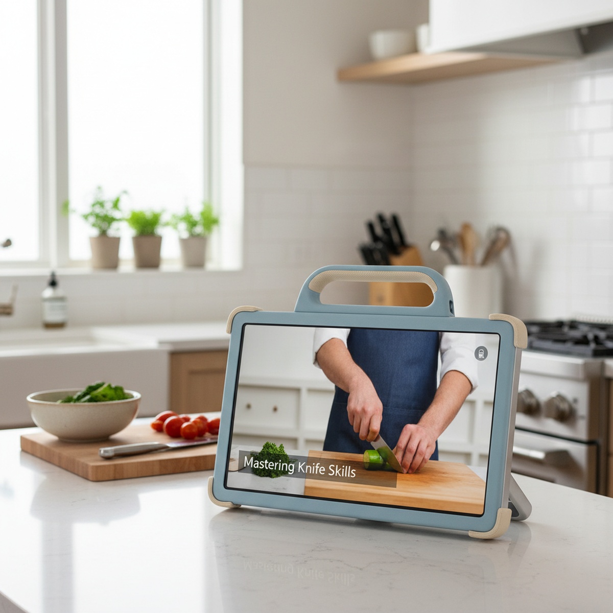 Sleek smart TV with battery and handle on kitchen counter for cooking tutorial.