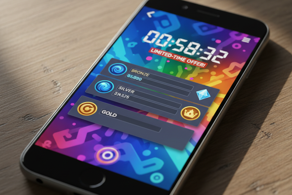 Mobile game countdown timer showing exclusive reward tiers on screen Close-up of smartphone showing generic game countdown timer and reward tiers under warm natural light