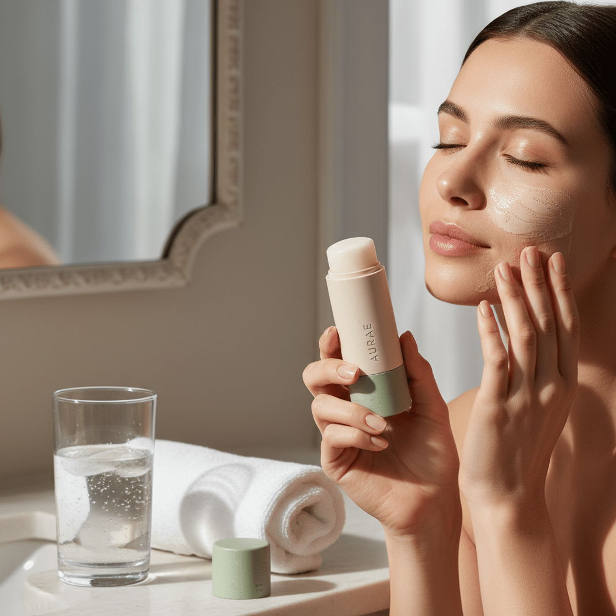 Solid face mask stick with creamy activated texture, highlighting skin smoothness.