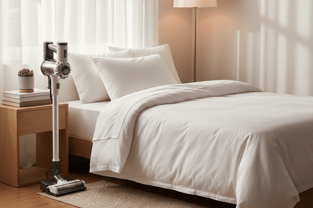 Bright bedroom corner showing made bed and cordless vacuum under soft natural and artificial light