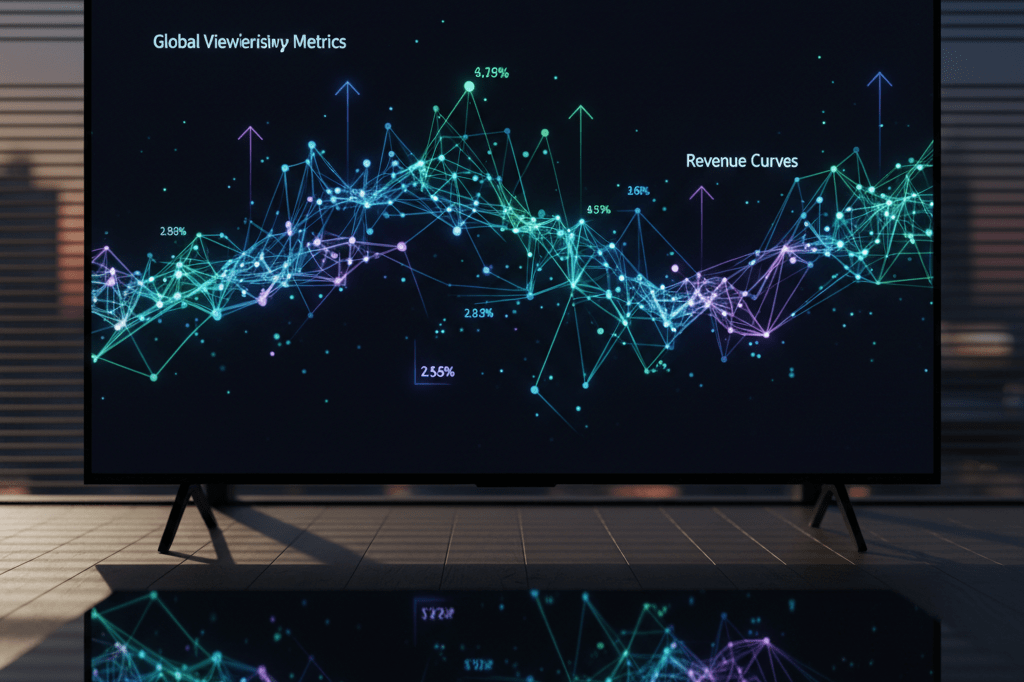 Television screen displaying complex data charts and viewership statistics in a dimly lit room, symbolizing data-driven media strategy