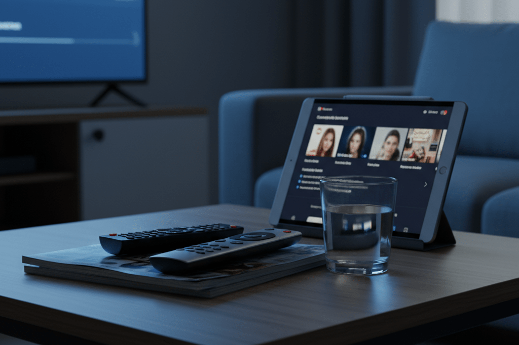 Living room streaming session setup for reality tv binging Coffee table with remotes and tablet glowing in dark room