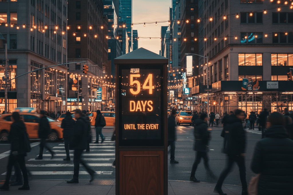 Urban Countdown Timer Displaying Event Anticipation Glowing street-side countdown timer showing fifty-four days amidst a blurred, lively evening cityscape