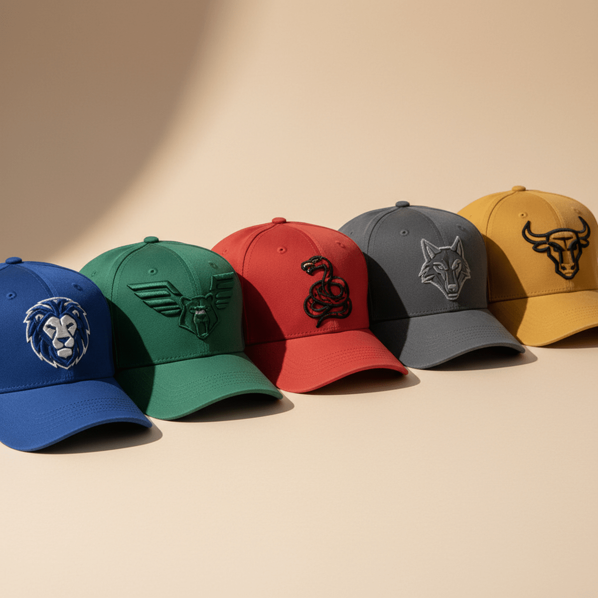 Neatly arranged baseball caps in various colors with prominent 3D puff embroidery.