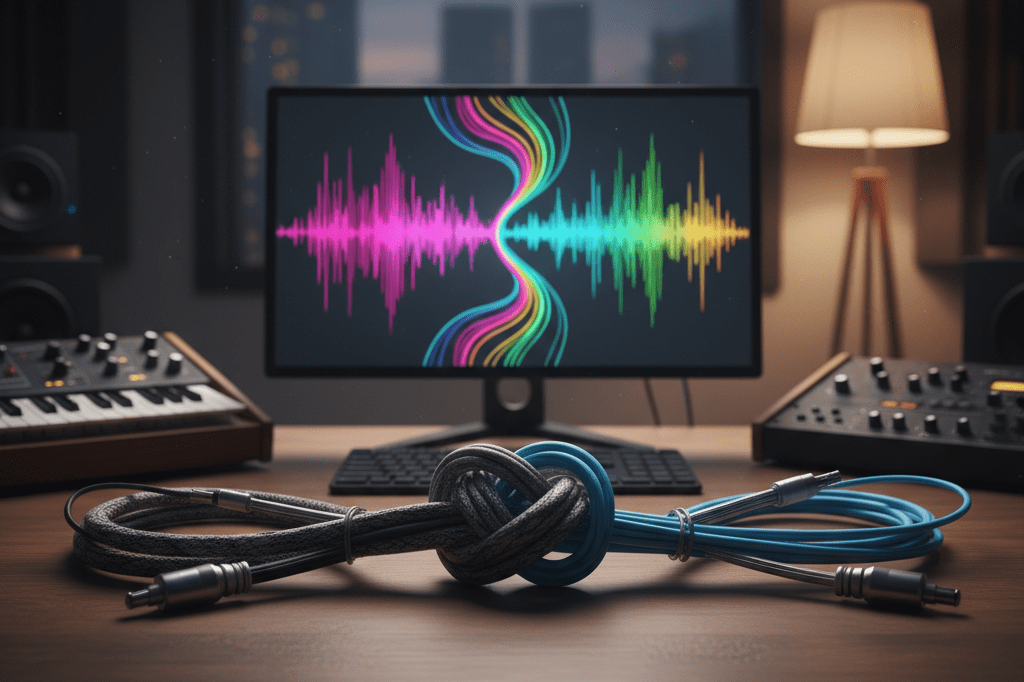 Interwoven audio cables and waveforms on a modern studio desk Empty studio desk with interwoven cables and merging waveforms under warm light, symbolizing cross-genre music collaboration