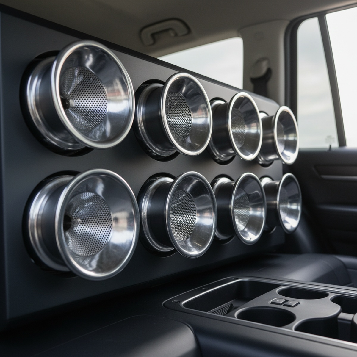 Close-up of competition-level bullet tweeter array on deep graphite panels.