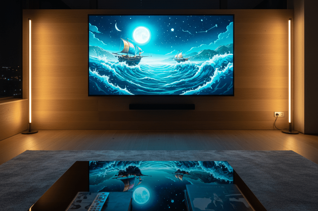 Living room with TV showing animated adventure, lit by screen glow, symbolizing global synchronized streaming engagement