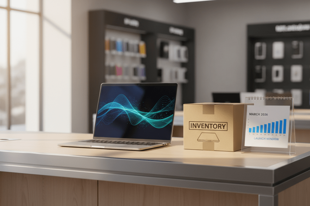 Unbranded laptop on retail counter with inventory box and calendar under natural light showing tech launch prep