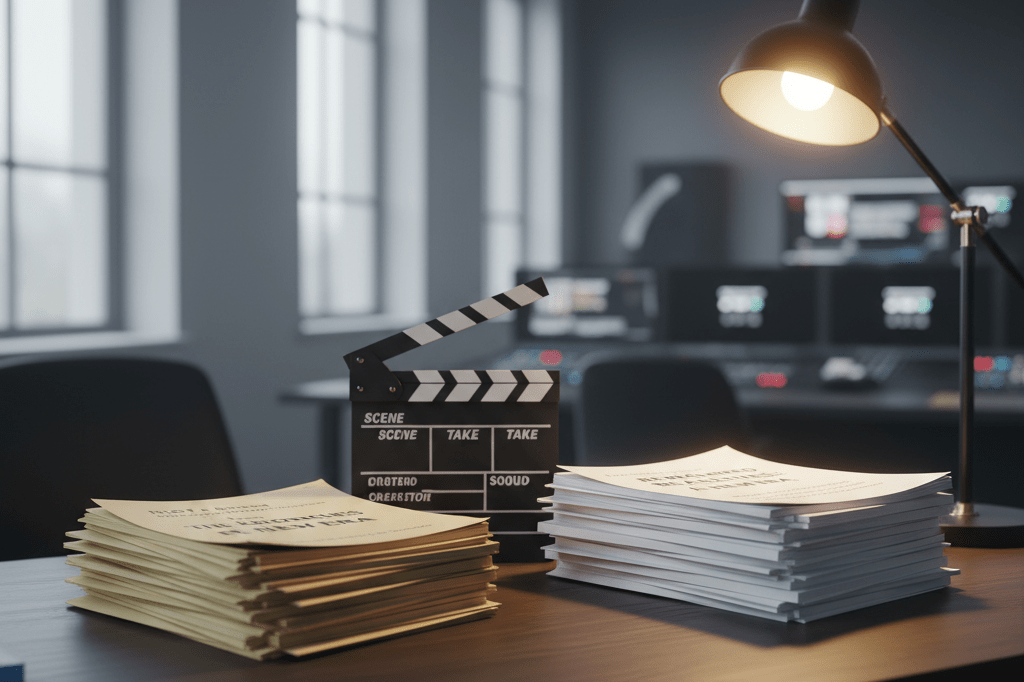 Production desk with old and new scripts plus clapperboard under soft light, symbolizing strategic entertainment industry adaptation