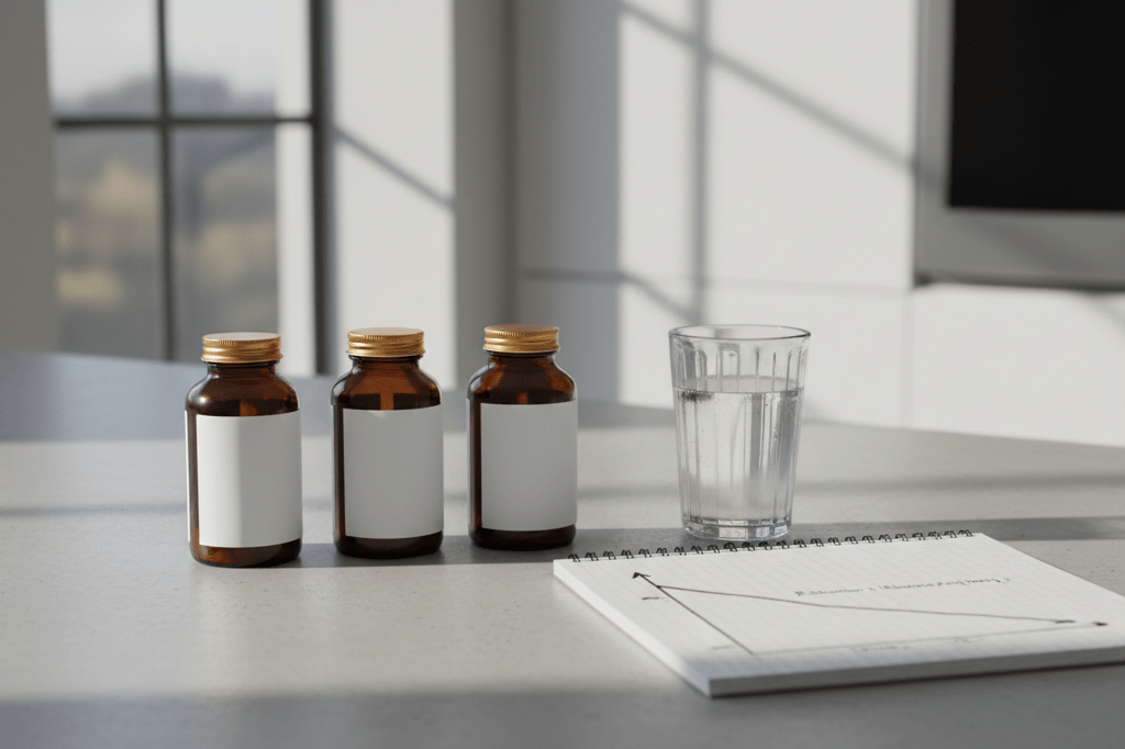 Unbranded supplement bottles and hand-drawn aging chart on a bright kitchen counter suggesting science-backed health