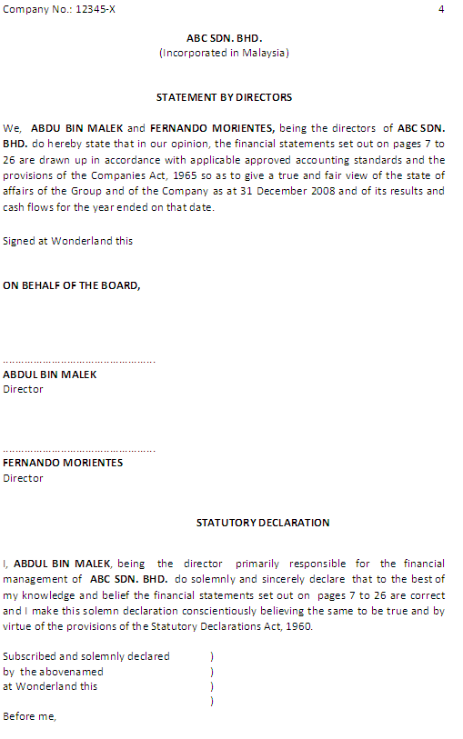 The statutory declaration in malaysia follows act 13 under the statutory act 1960 revised 1969. Sample Statement By Directors And Statutory Declaration 20 October 2009 Accounting Crash Course
