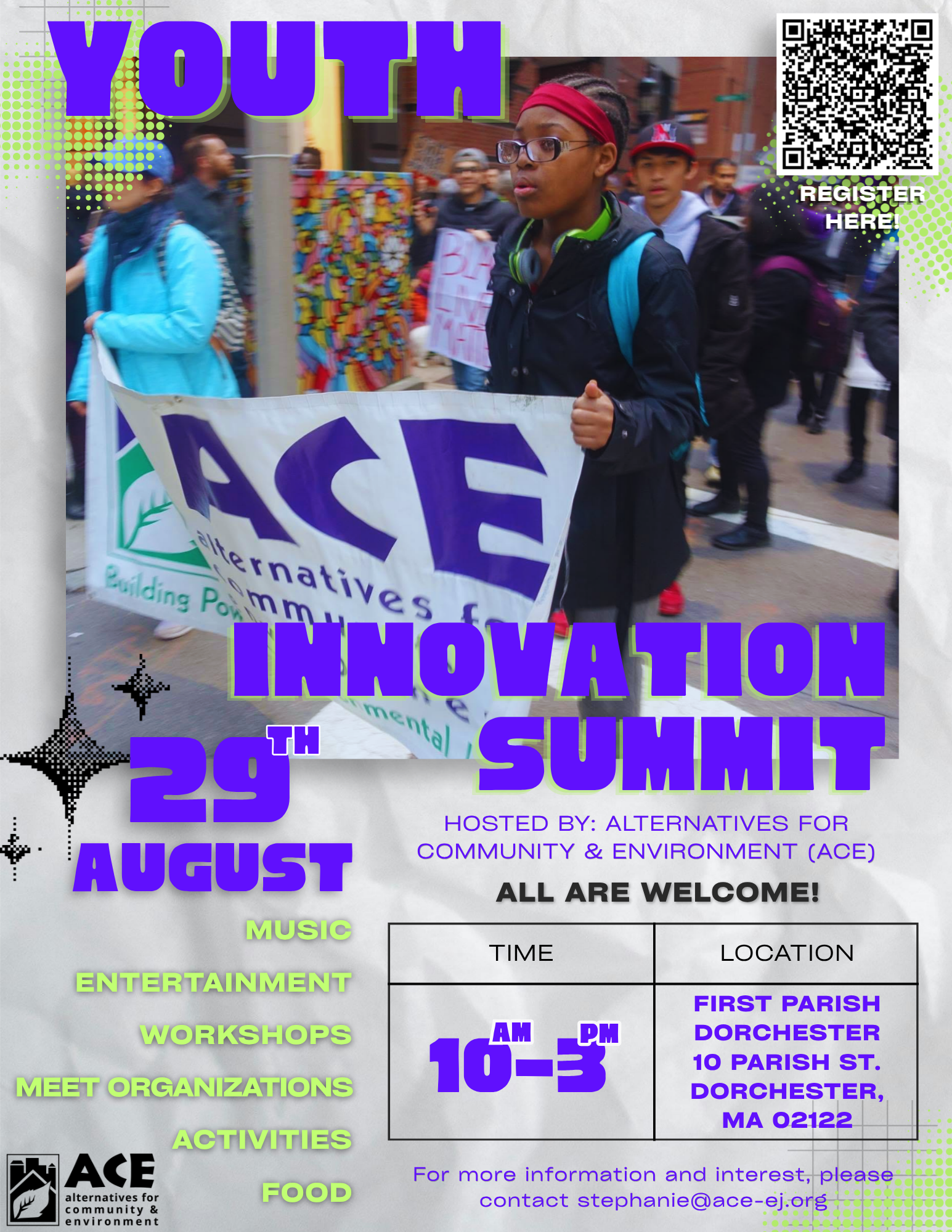 Flyer for the ACE Youth and Innovation Summit, featuring an image of a young black woman holding an ACE sign while marching with others.