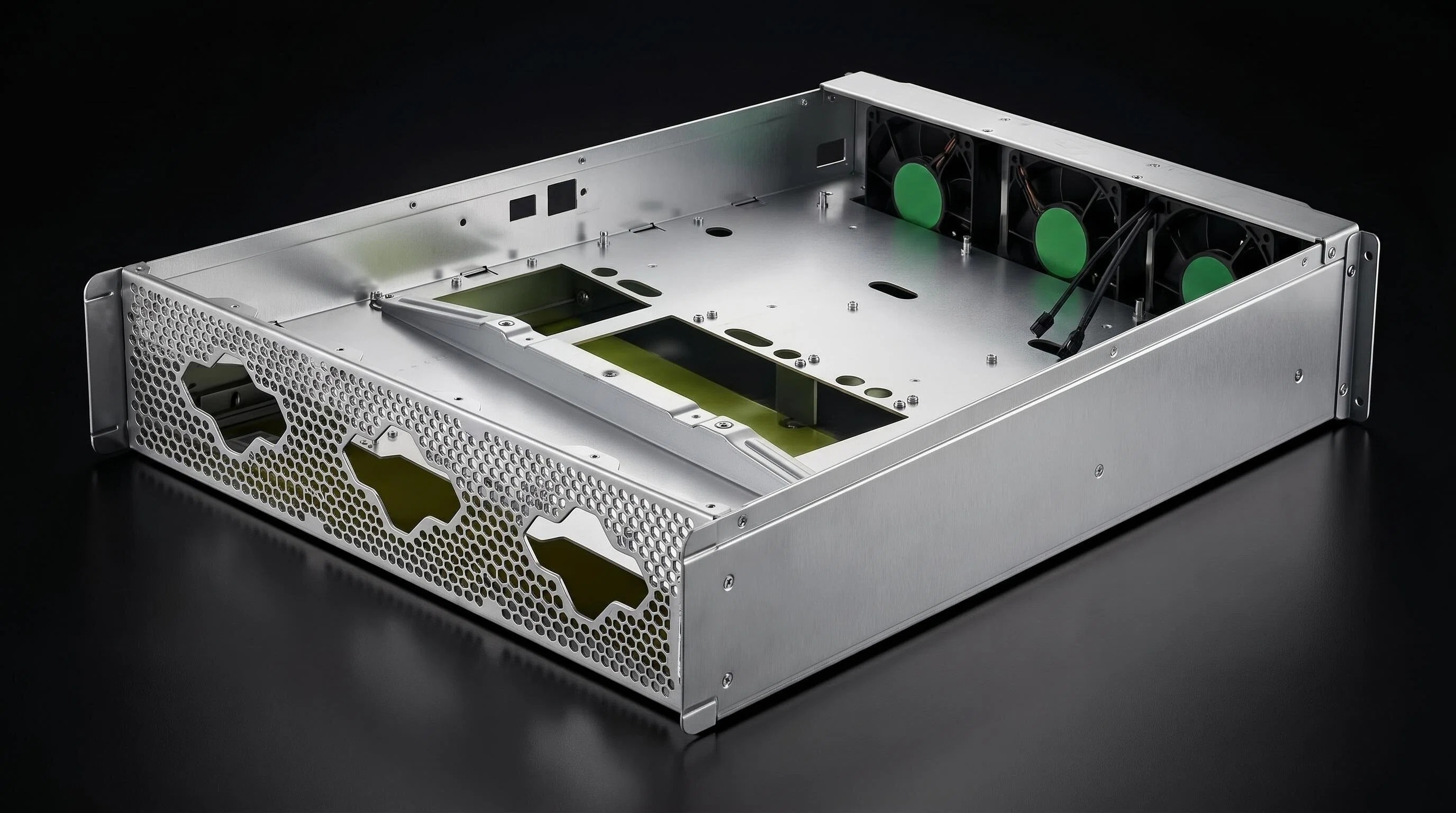 AI server enclosure interior with fan wall and perforated venting — ACE Sheet Metal