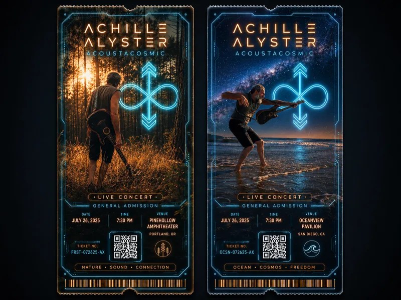 Deux billets de concert Achille Alyster — Acoustacosmic, design néon bleu et orange avec QR code