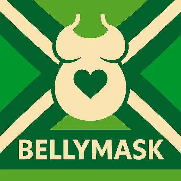 Logo van een zwangere buik met hart in silhouet op de Achterhoekse vlag, met de tekst “BELLYMASK” onderin in een donkergroene balk.