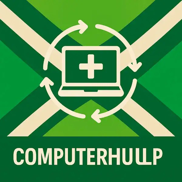 Logo voor computer hulp: een wit laptopicoon met een plus-teken op het scherm, omringd door cirkelvormige pijlen, geplaatst op de correcte Achterhoekse vlag met lichtgroene en donkergroene diagonale banen en roomwitte kruisen, met daaronder de tekst COMPUTER HULP in hoofdletters op een donkergroene balk over de volledige breedte.