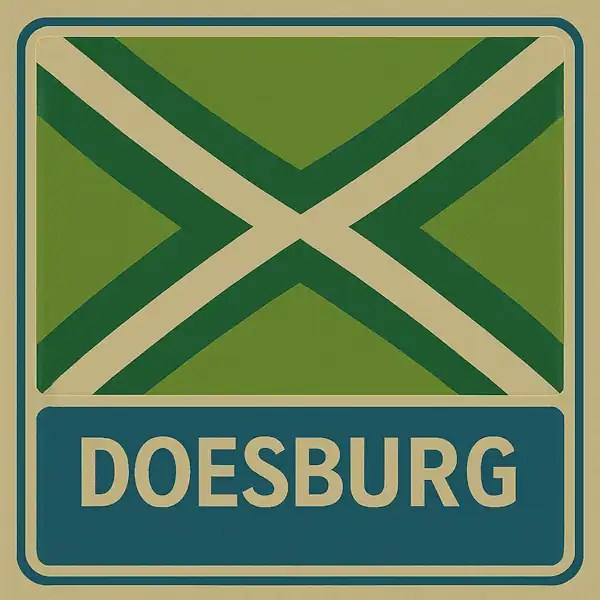 Plaatsnaambord met de tekst "DOESBURG" in witte hoofdletters op een blauw vlak, met daarboven een groene vlag met een crèmekleurig kruispatroon.