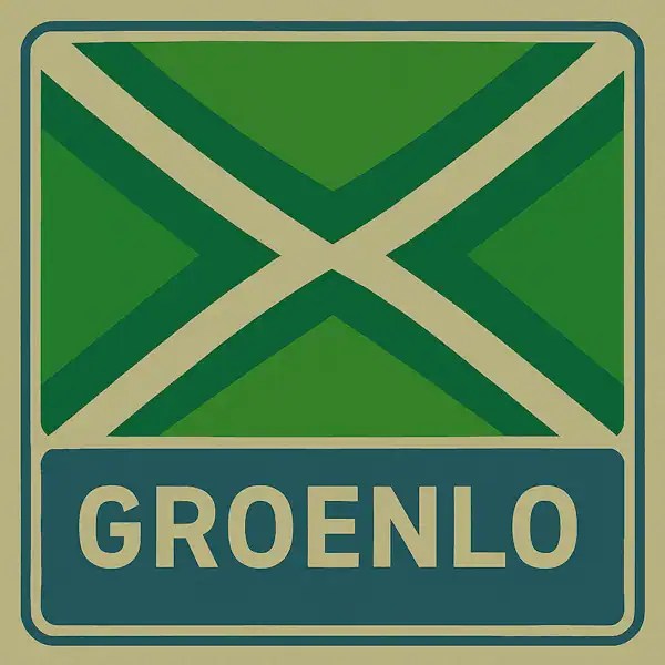 Plaatsnaambord met de tekst "GROENLO" in witte hoofdletters op een blauw vlak, met daarboven een groene vlag met een crèmekleurig kruispatroon.