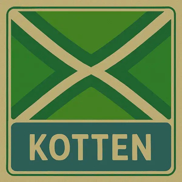 Plaatsnaambord met de tekst "KOTTEN" in witte hoofdletters op een blauw vlak, met daarboven een groene vlag met een crèmekleurig kruispatroon.