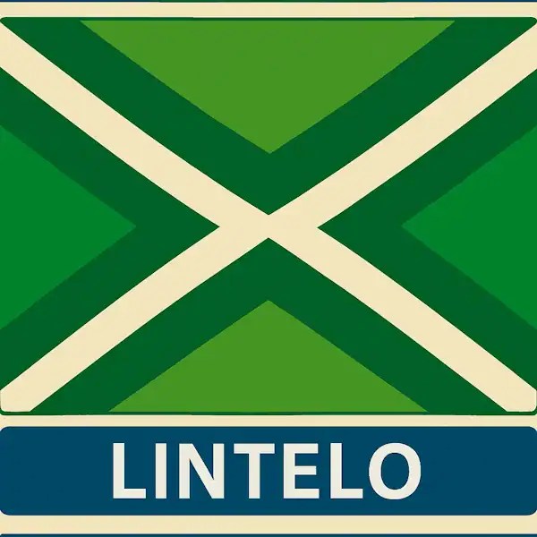 Plaatsnaambord met de tekst "LINTELO" in witte hoofdletters op een blauw vlak, met daarboven een groene vlag met een wit kruis, omlijst door een donkergroen kruispatroon.