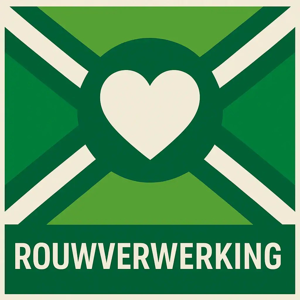 Logo voor rouwverwerking met de Achterhoekse vlag als achtergrond (groene tinten met witte diagonale kruisbalken), centraal een donkergroene cirkel met een wit hartpictogram, onderaan een donkergroene balk met het woord “ROUWVERWERKING” in witte hoofdletters