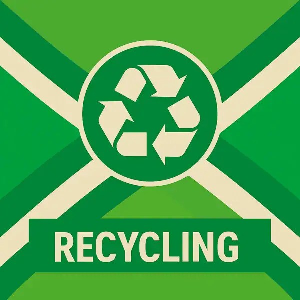 Vierkant logo (600x600) voor de categorie "Recycling" op AchterhoekInformatie.nl, met een wit recycling-symbool in een donkergroene cirkel op de correcte Achterhoekse vlag. De tekstbalk is donkergroen met witte hoofdletters "RECYCLING", en alle crèmekleurige elementen zijn wit gemaakt.