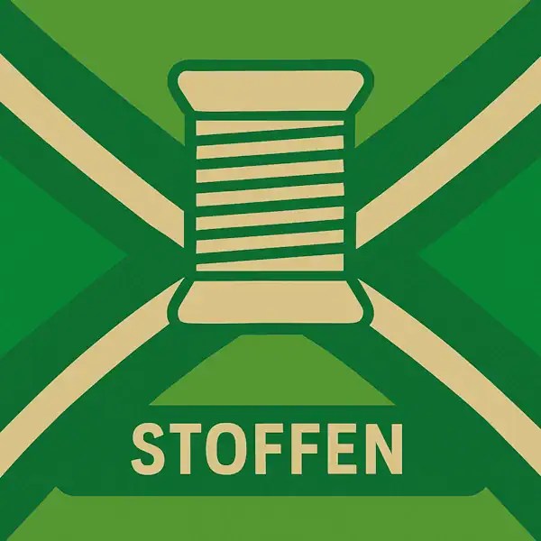Logo van een klos garen in silhouet op de Achterhoekse vlag, met de tekst “STOFFEN” onderin in een donkergroene balk.