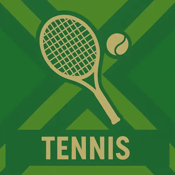 Logo van een tennisracket en bal in silhouet op de Achterhoekse vlag, met de tekst “TENNIS” onderin in een donkergroene balk.
