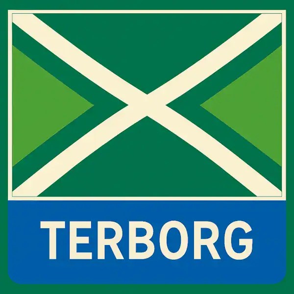 Plaatsnaambord met de tekst "TERBORG" in witte hoofdletters op een blauwe balk. Daarboven een vlag met lichtgroene achtergrond, een helder wit St. Andrieskruis gecentreerd in een donkergroen kruispatroon — volgens het officiële ontwerp van de Achterhoekvlag.